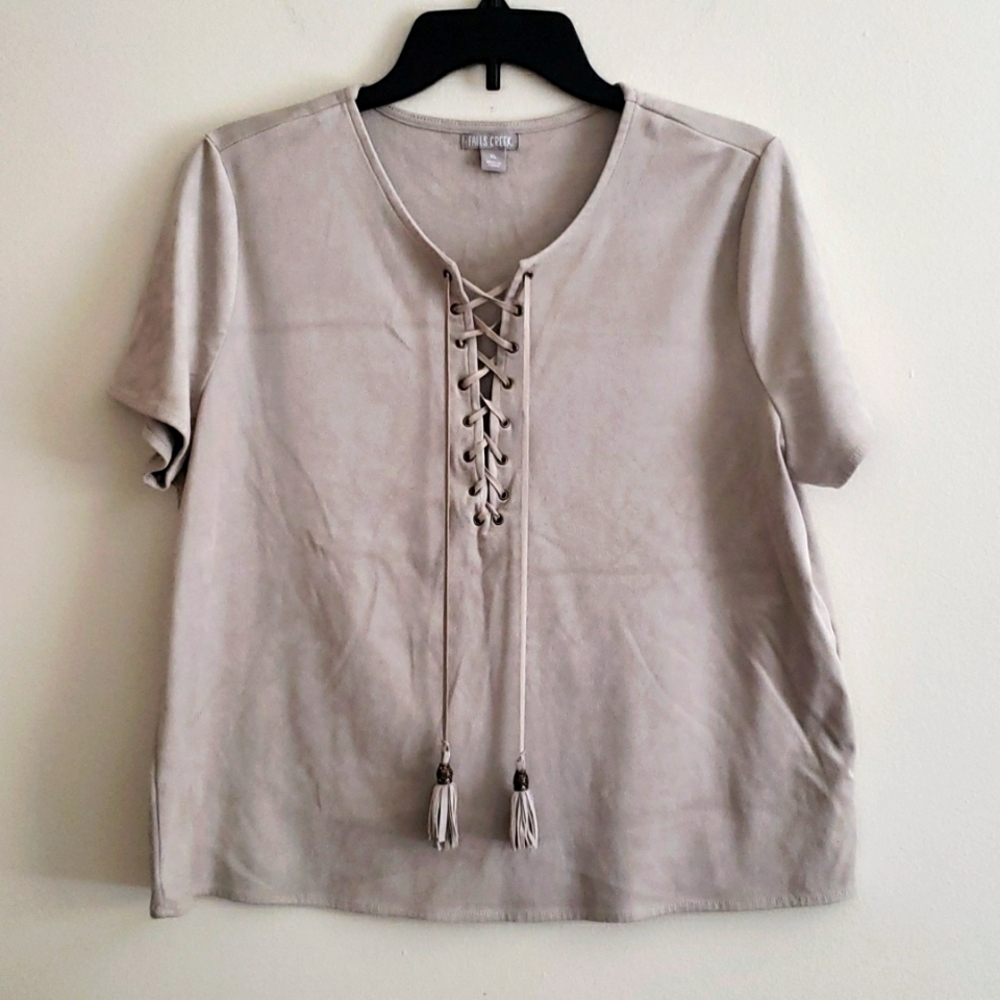 Falls creek faux suede top, lace up chest, elevated tee shirt, neutral, boho,